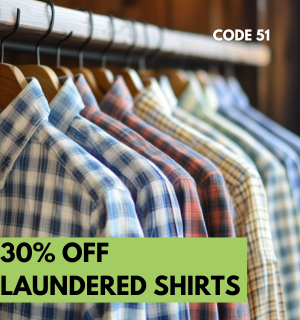 Row of plaid laundered shirts on hangers with text promoting 30% off and promo code 51. Row of plaid laundered shirts on hangers with text promoting 30% off and promo code 51.
