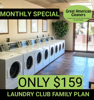 Man smiling while arranging clothes in a laundromat. Text advertises a February special offer: 