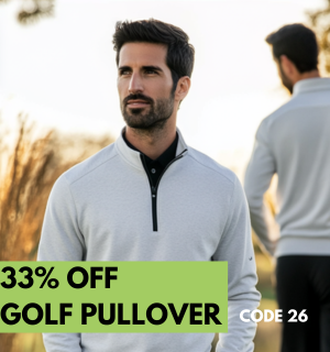 A man wears a light gray golf pullover outdoors, with a 33% off discount offer and promo code 26 displayed on the image. Another man in a similar pullover is in the background. A man wears a light gray golf pullover outdoors, with a 33% off discount offer and promo code 26 displayed on the image. Another man in a similar pullover is in the background.