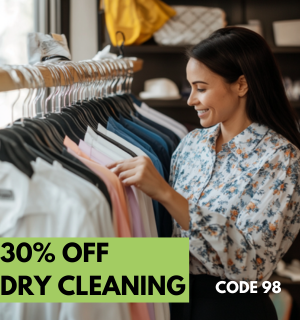 A woman examines shirts on a rack in a clothing store. Text on the image reads "30% OFF DRY CLEANING CODE 98. A woman examines shirts on a rack in a clothing store. Text on the image reads "30% OFF DRY CLEANING CODE 98.