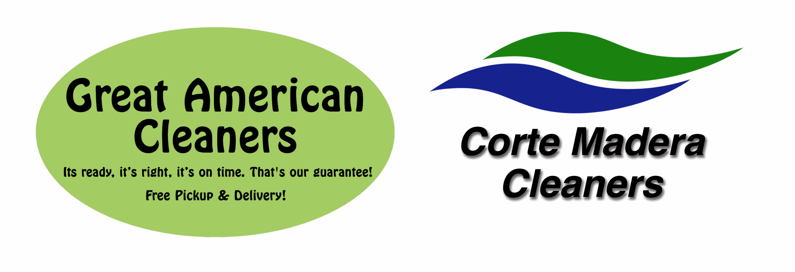 Two dry cleaning business logos on a yellow background: Great American Cleaners on a green oval, and Corte Madera Cleaners with a green and blue wave design.