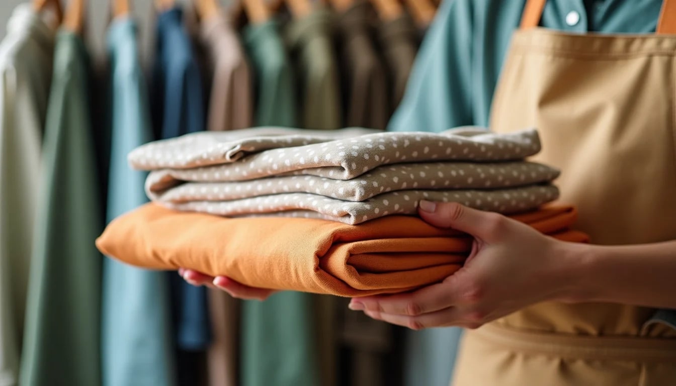 Person in an apron holding folded orange and polka dot fabrics, with hanging clothes blurred in the background.