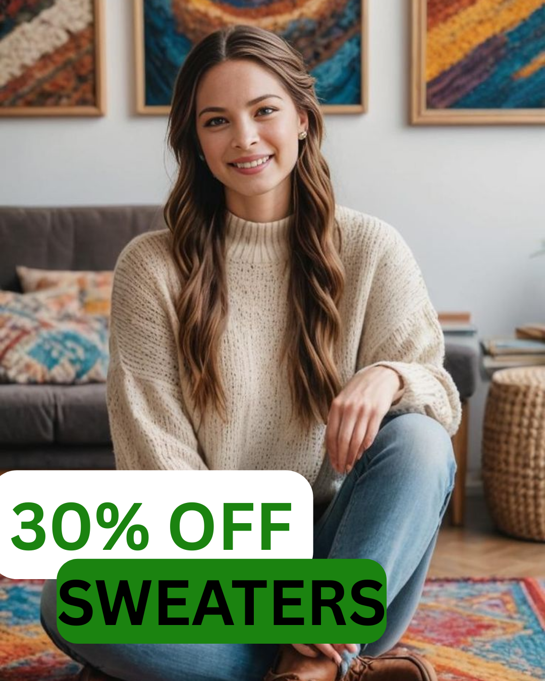 A woman in a cream sweater and jeans sits on the floor in a cozy living room. Text on the image reads "30% OFF SWEATERS.