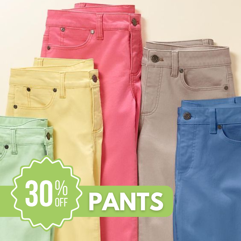 Four pairs of pants in pastel green, yellow, pink, grey, and blue shown with a label advertising 30% off pants.