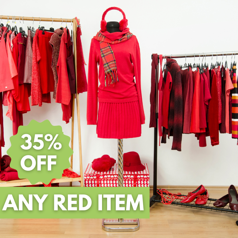 A clothing display features red clothing and accessories with a sign that reads “35% off any red item.”.