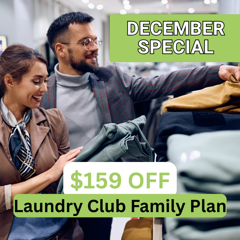 Man smiling while arranging clothes in a laundromat. Text advertises a February special offer: 