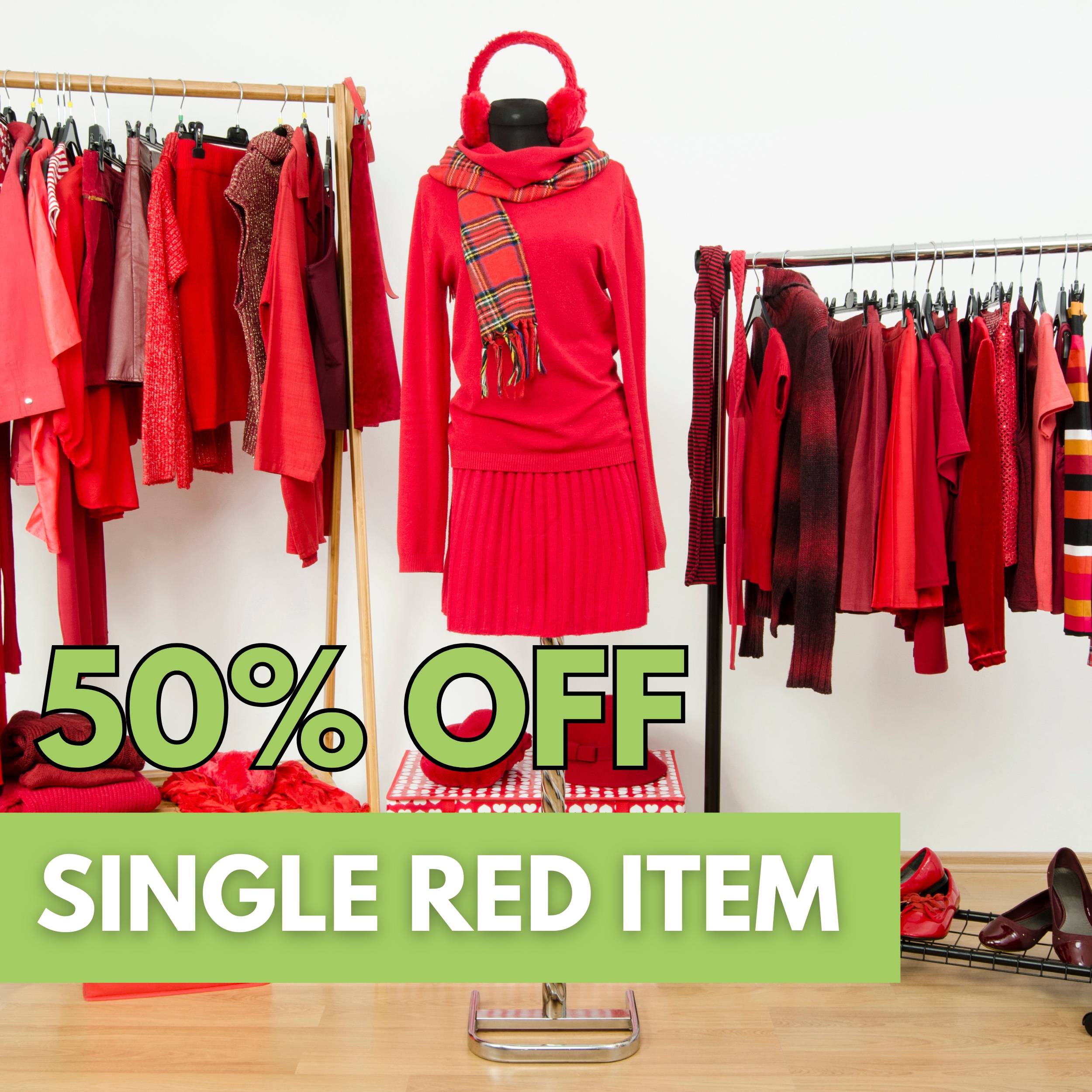 A red clothing rack with a dress and a scarf.