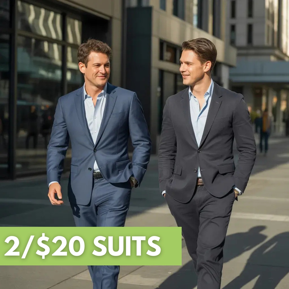 Two men in suits walk on a city sidewalk, smiling and talking. A green banner in the foreground reads "2/$20 SUITS.