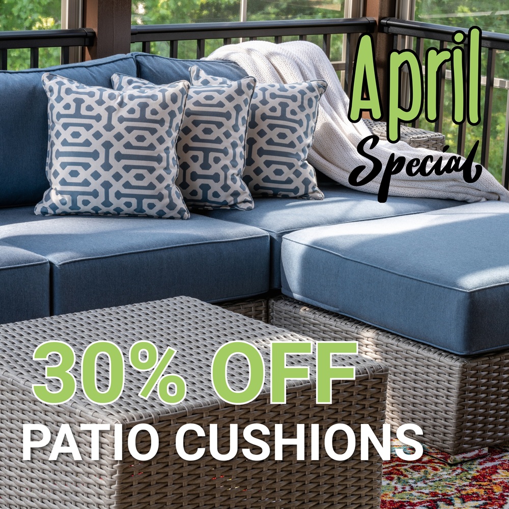 Blue outdoor sofa with patterned cushions on a patio. Text reads "April Special" and "30% OFF Patio Cushions.