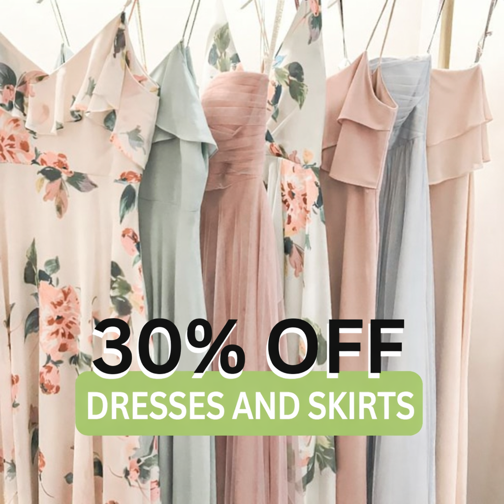 Four pastel and floral dresses on hangers with text overlay: "30% OFF DRESSES AND SKIRTS.