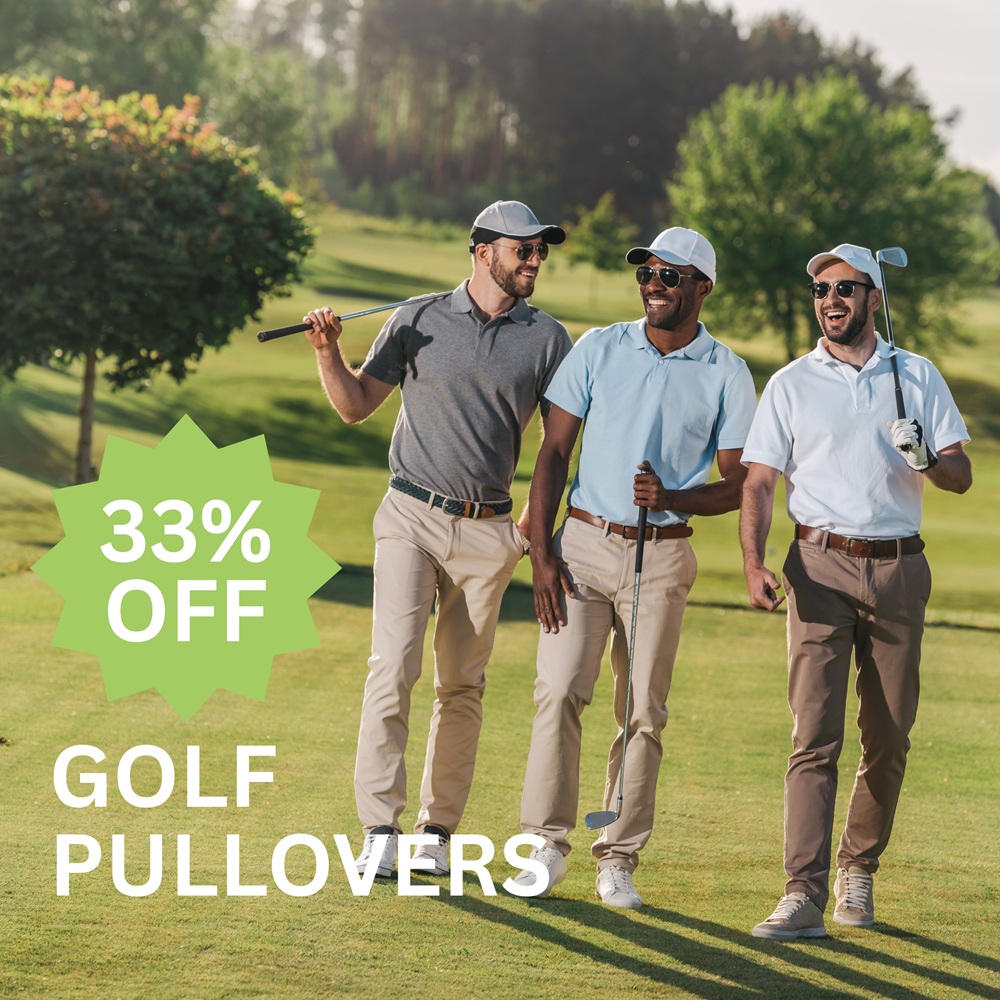 Three men in golf attire walking on a sunny golf course, with a sign displaying "33% OFF GOLF PULLOVERS.