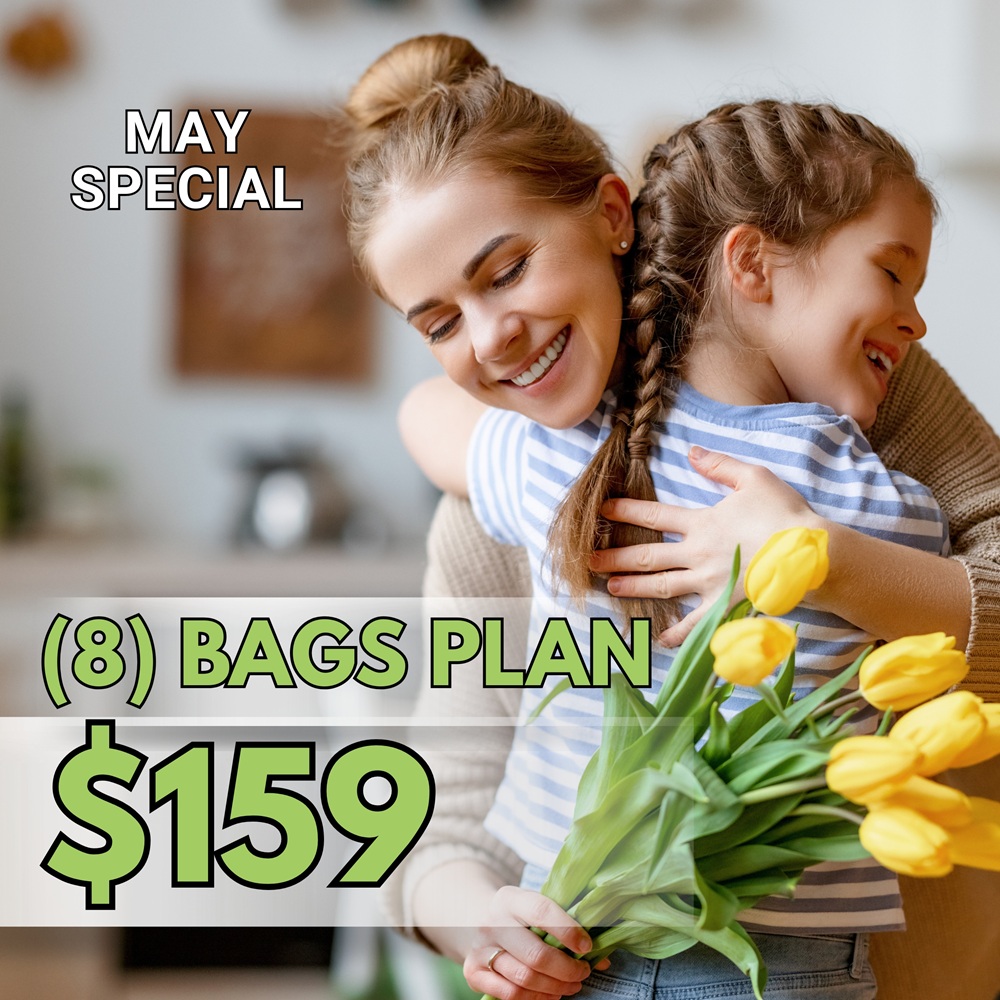 A woman hugs a young girl holding yellow tulips. Text reads: "May Special, (8) Bags Plan, $159.
