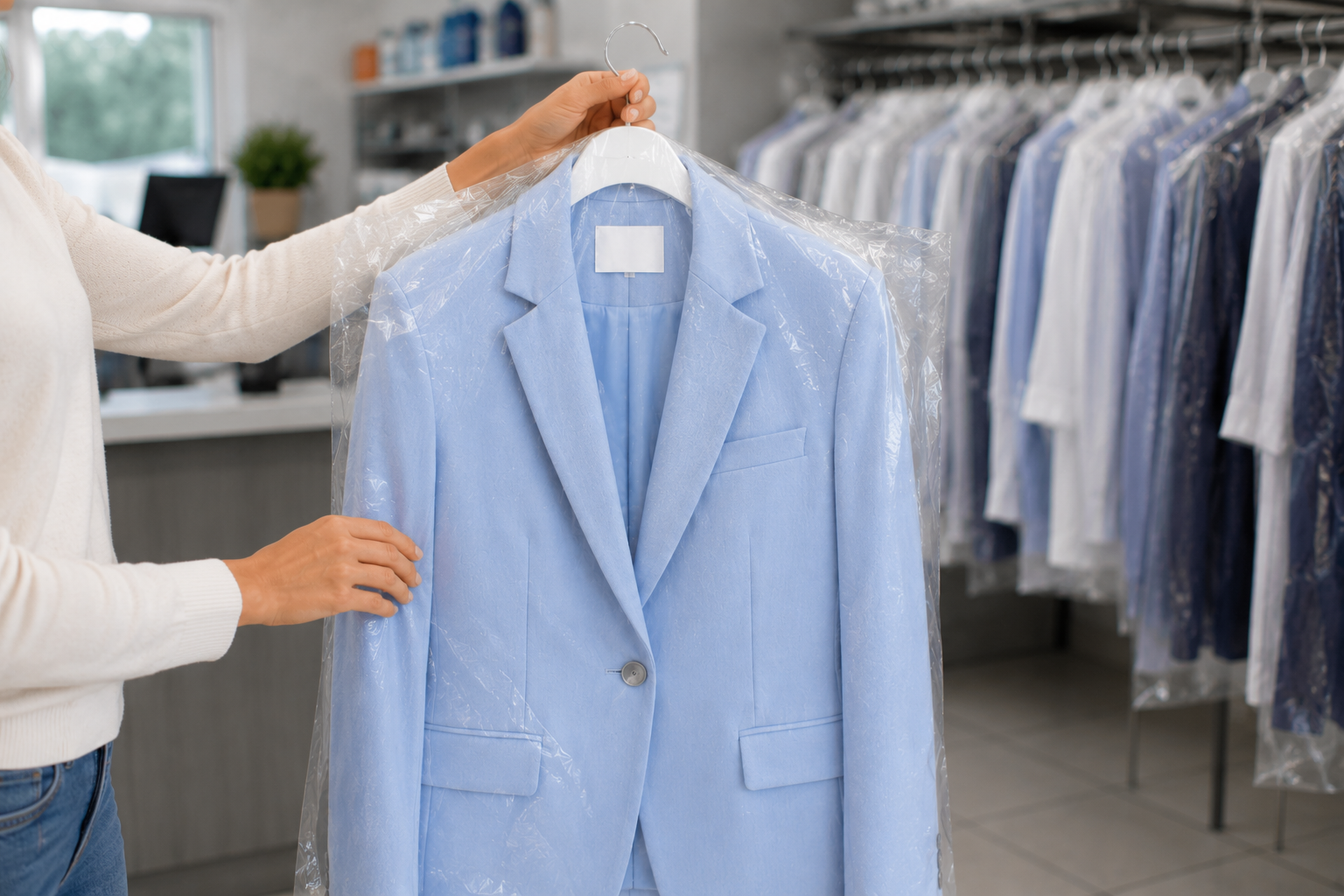 Person holding a light blue blazer on a hanger, covered in plastic, inside a dry cleaning shop with more clothes in the background. Person holding a light blue blazer on a hanger, covered in plastic, inside a dry cleaning shop with more clothes in the background.