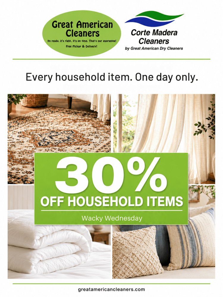 Promotional flyer for Great American Cleaners offering 30% off household items for one day, featuring images of a rug, curtains, blankets, and bedding.