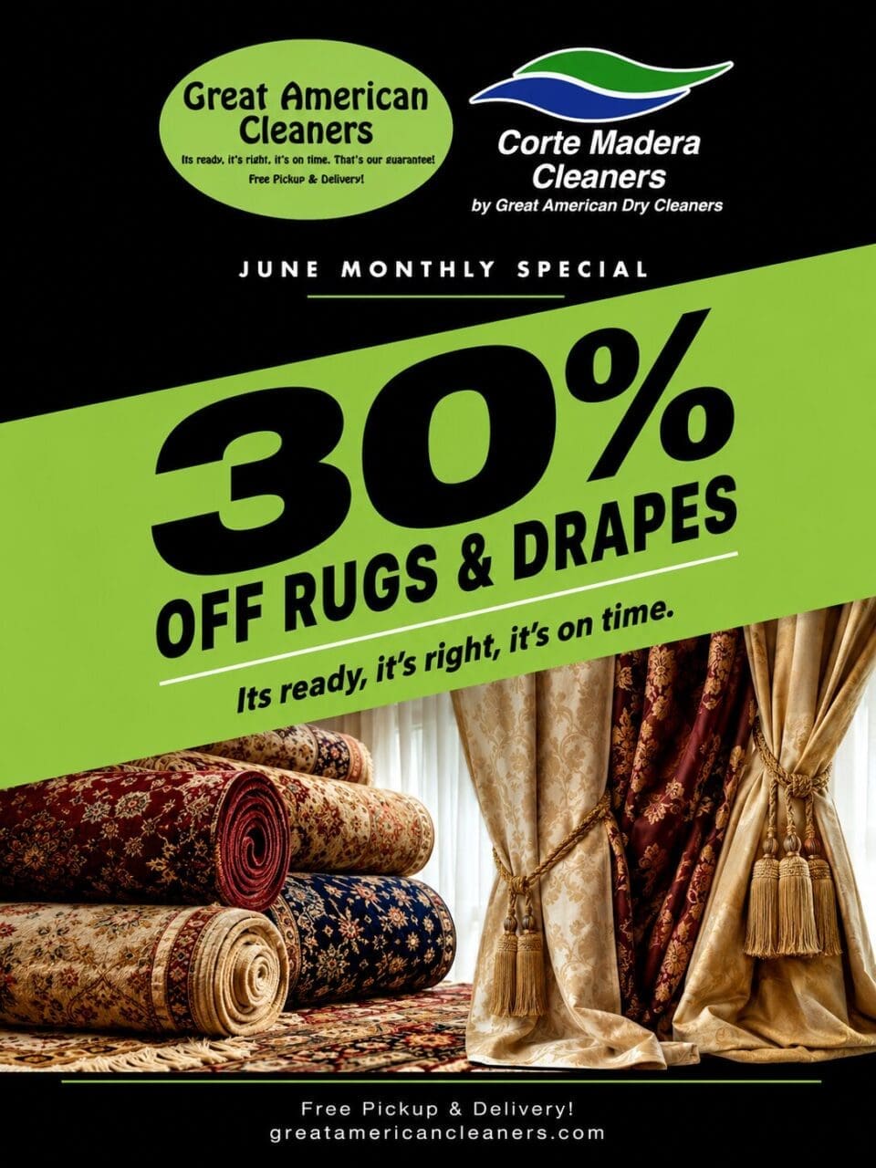 Promotional poster for Great American Cleaners offering 30% off rugs and drapes for June, featuring images of rolled rugs and draped curtains.