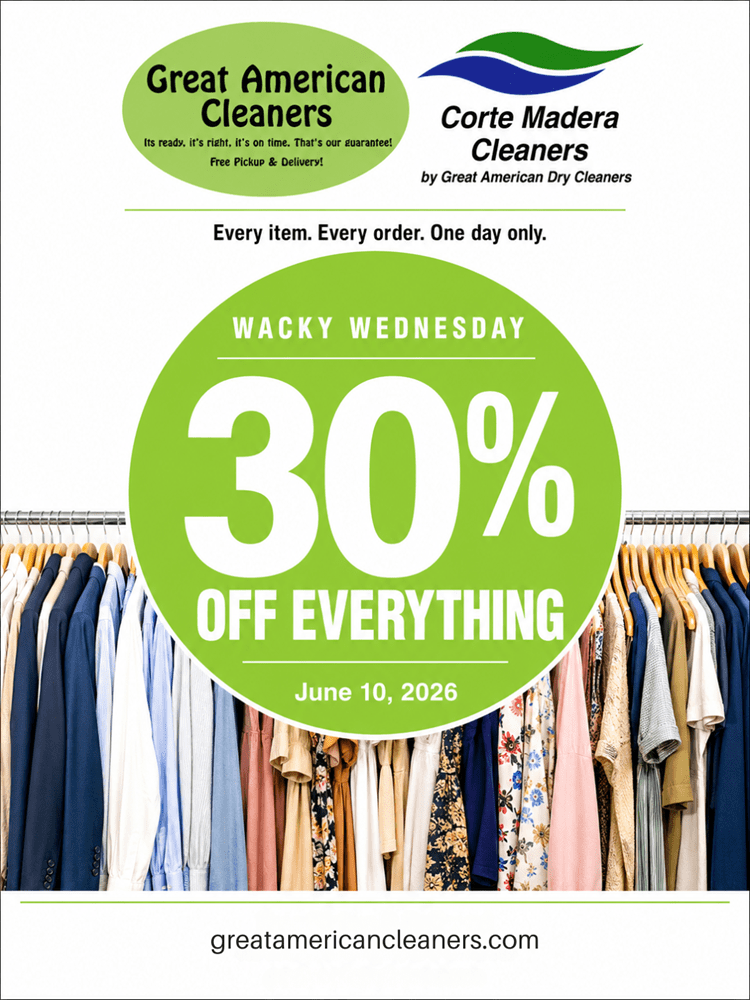 A promotional flyer for Great American Cleaners and Corte Madera Cleaners advertising "Wacky Wednesday 30% Off Everything" on June 10, 2026, with an image of clothes on hangers.