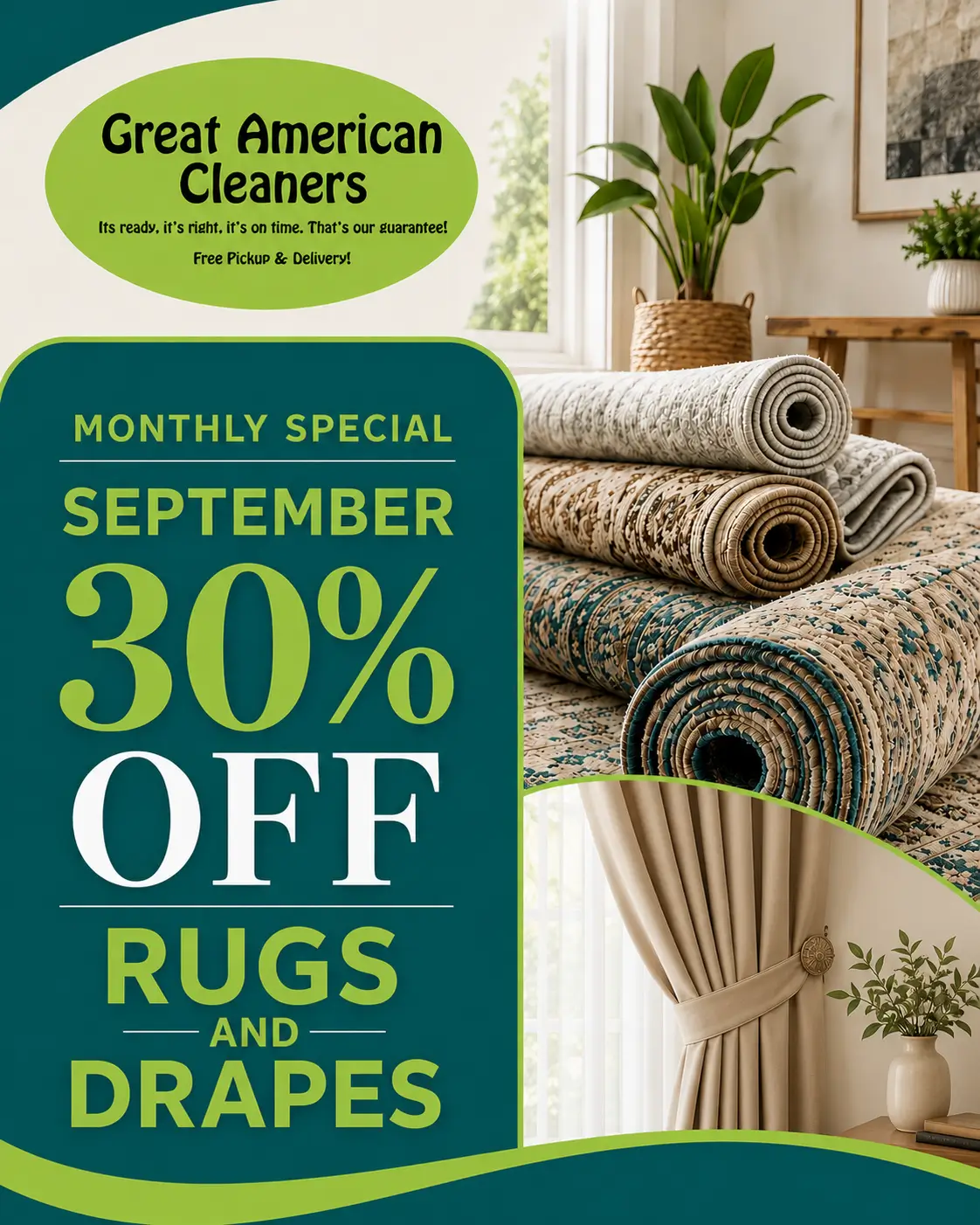 Promotional poster for Great American Cleaners offering 30% off rugs and drapes in September; shows rolled rugs, curtains, and plants in a bright room.