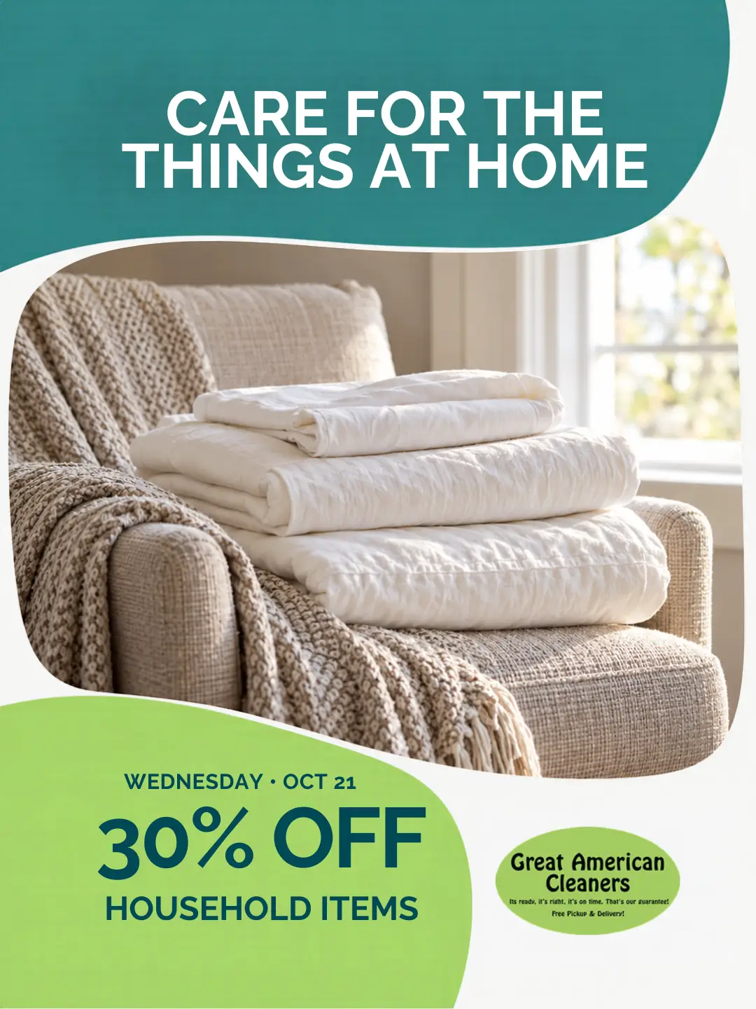 Folded white linens stacked on a beige armchair with a knitted blanket, promoting a 30% off sale on household items at Great American Cleaners.