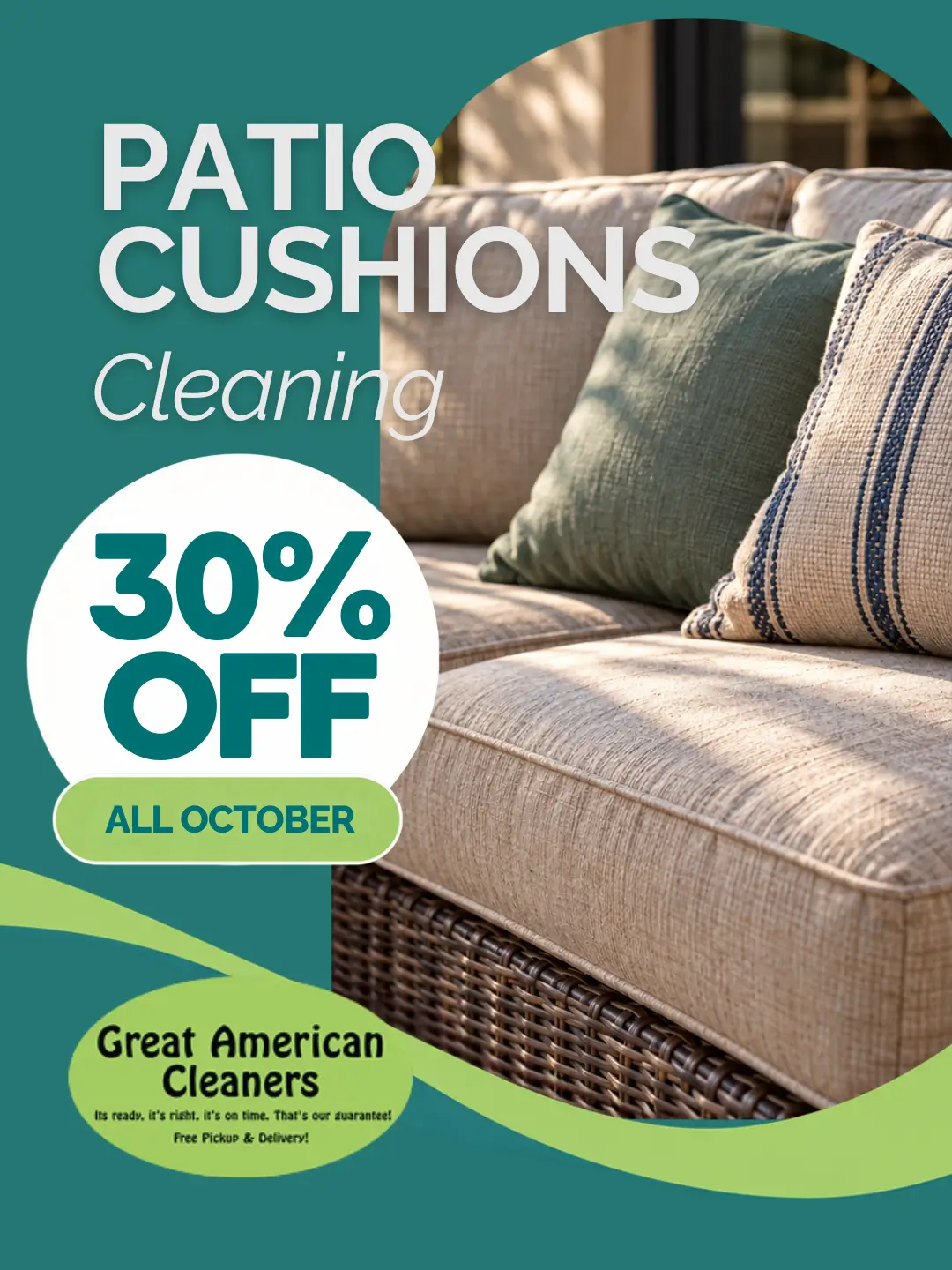 A beige patio sofa with striped pillows is shown. Text on the image advertises 30% off patio cushion cleaning at Great American Cleaners for all of October.
